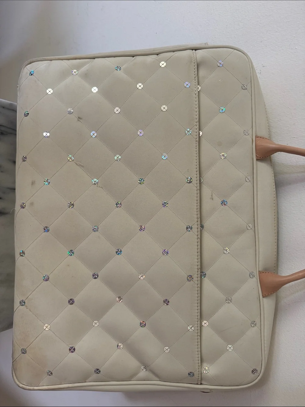 Abbi Cream Quilted Laptop Bag with Crystal Studs and Tan Trim
